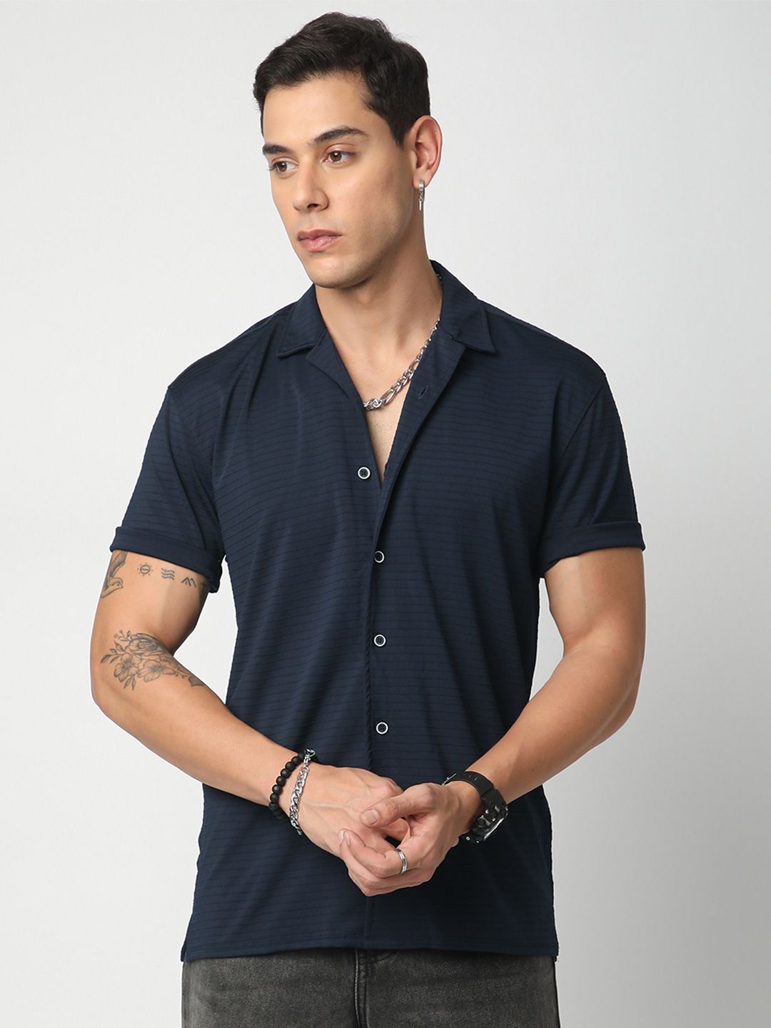 VASTRADO Men Classic Cuban Collar Textured Casual Shirt