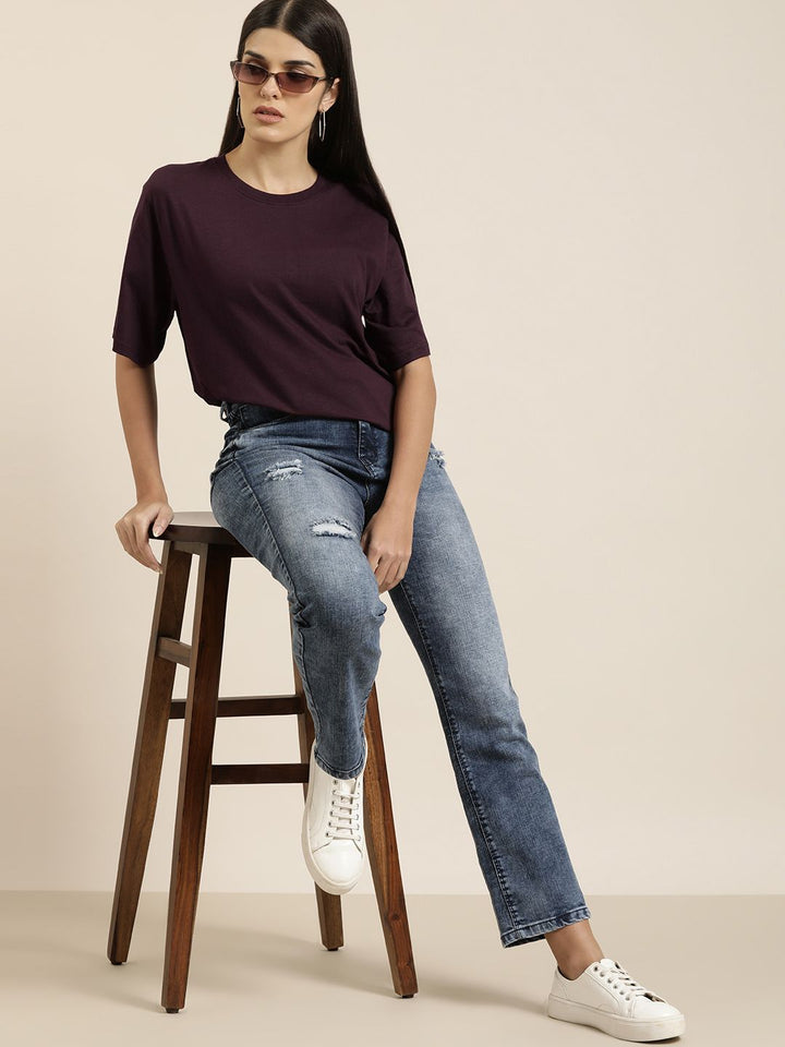 Difference of Opinion Women Burgundy Solid Pure Cotton Oversized T-shirt