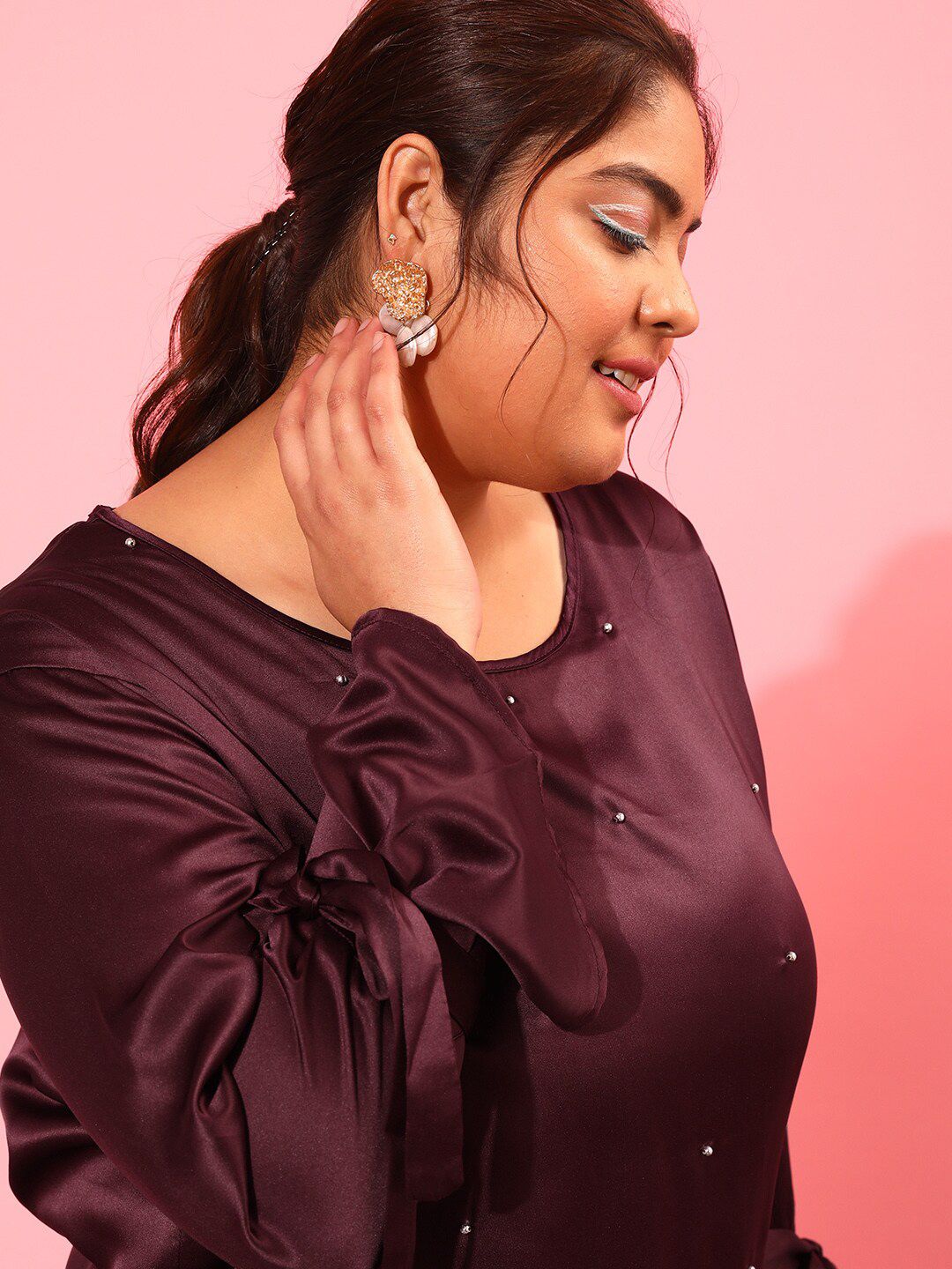 CURVY STREET Pearl Embellished Satin Top