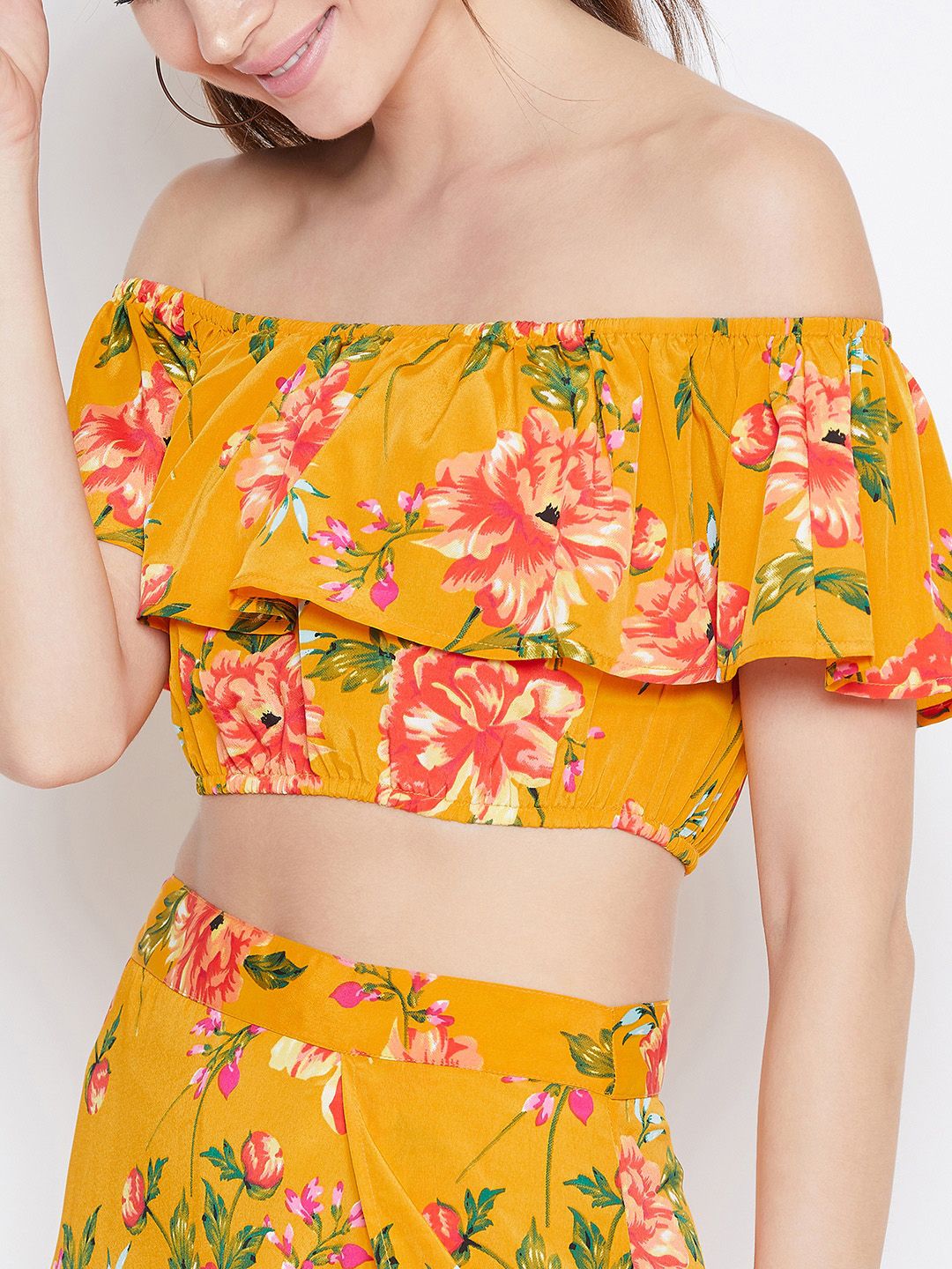 Berrylush Women Yellow & Pink Floral Printed Top with Skirt