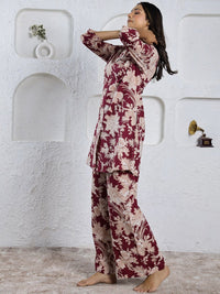 SANSKRUTIHOMES Maroon Floral Printed Pure Cotton Shirt with Lounge Pants
