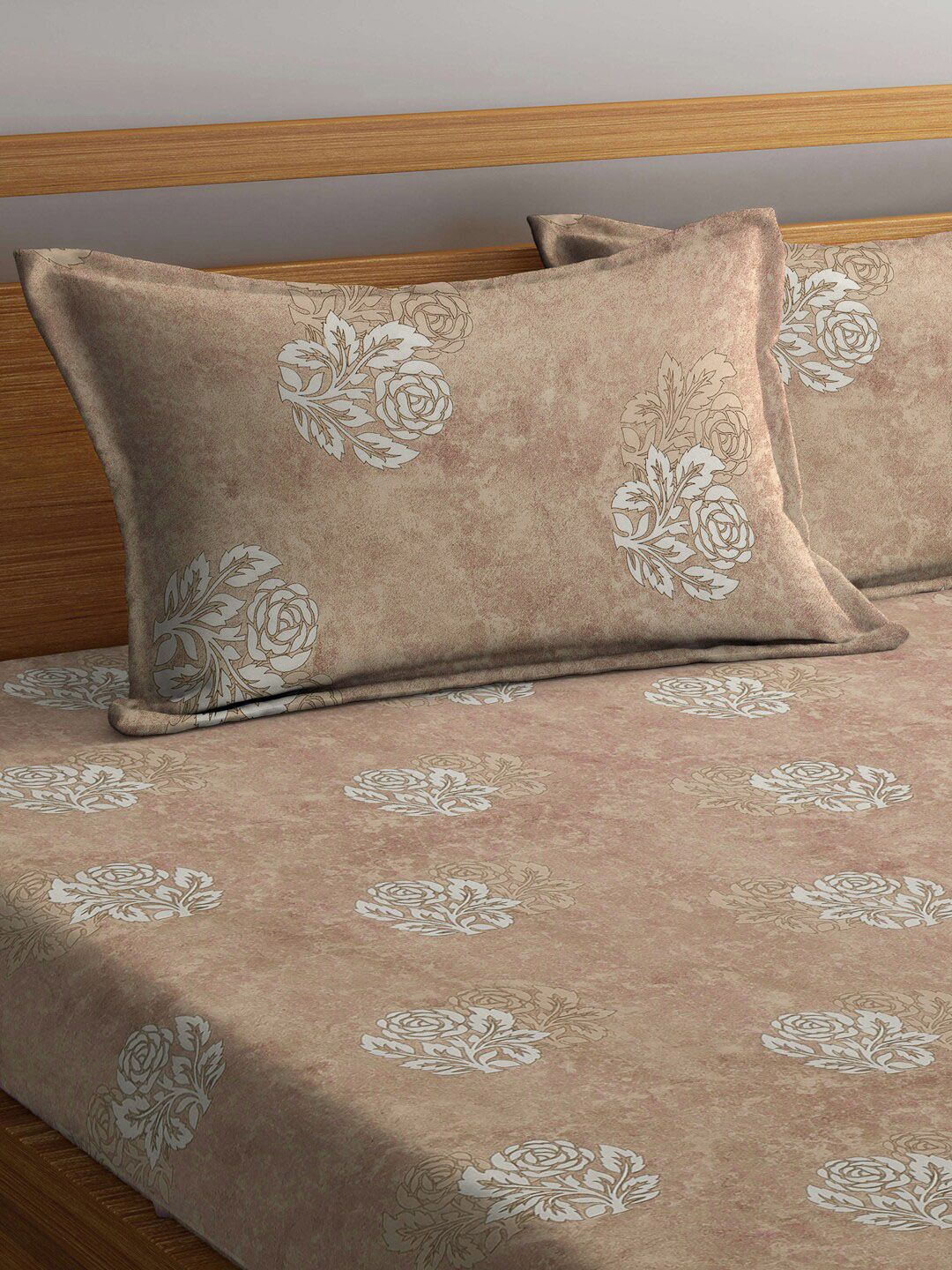 KLOTTHE Beige Floral Printed Dilengkapi 400 TC Kapas Cadar King & 2 Sarung Bantal