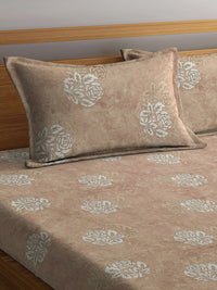 KLOTTHE Beige Floral Printed Dilengkapi 400 TC Kapas Cadar King & 2 Sarung Bantal