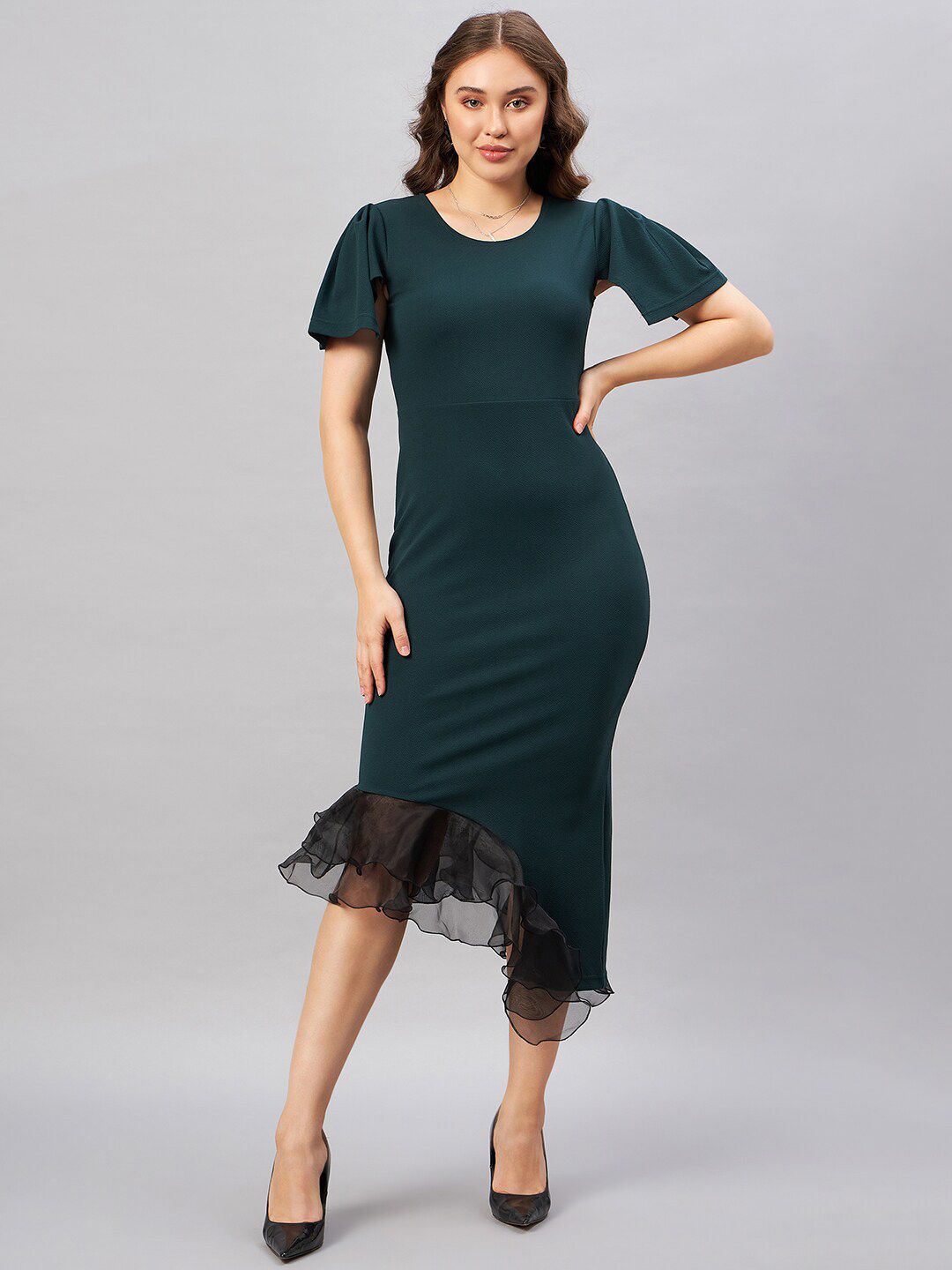 Antheaa Green Flared Sleeve Ruffled Bodycon Midi Dress