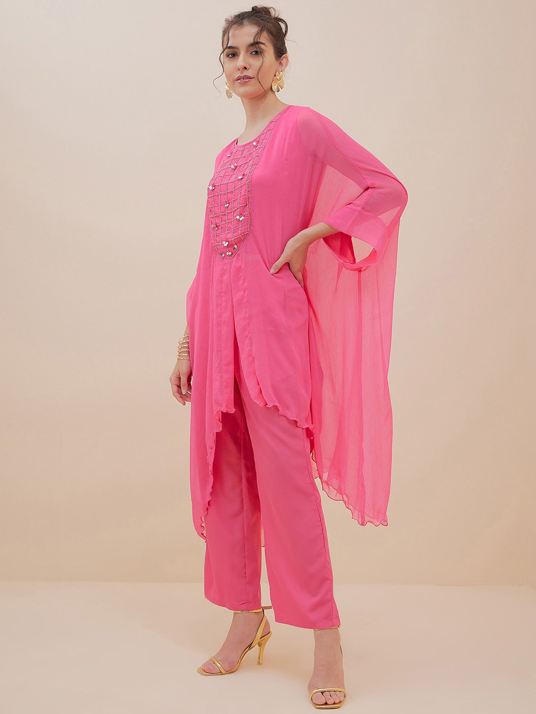 Antheaa Embellished Yoke Design Sequinned Top With Trousers