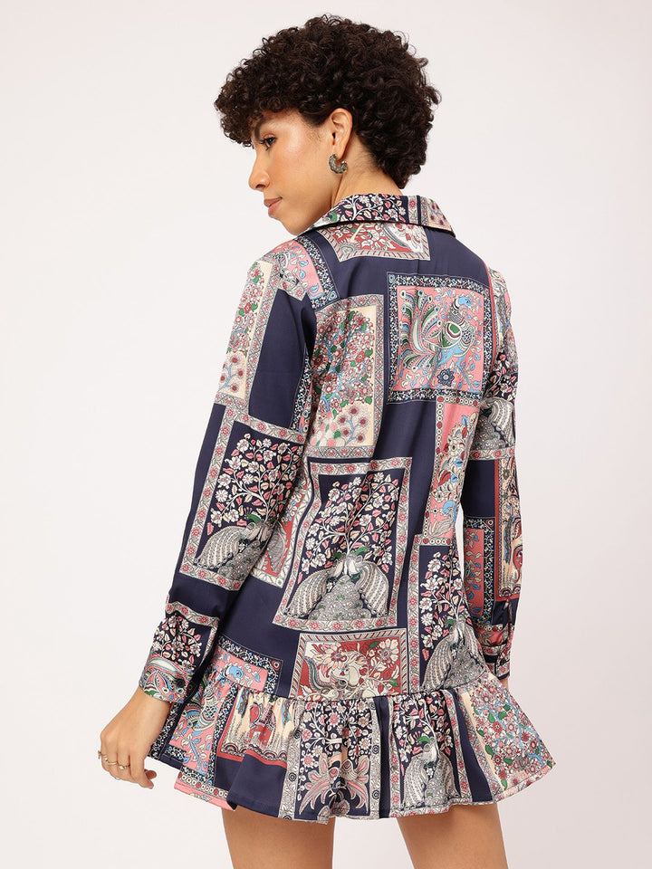 DressBerry Paisley Frames Flounce Hem Shirt-Style Mini Dress