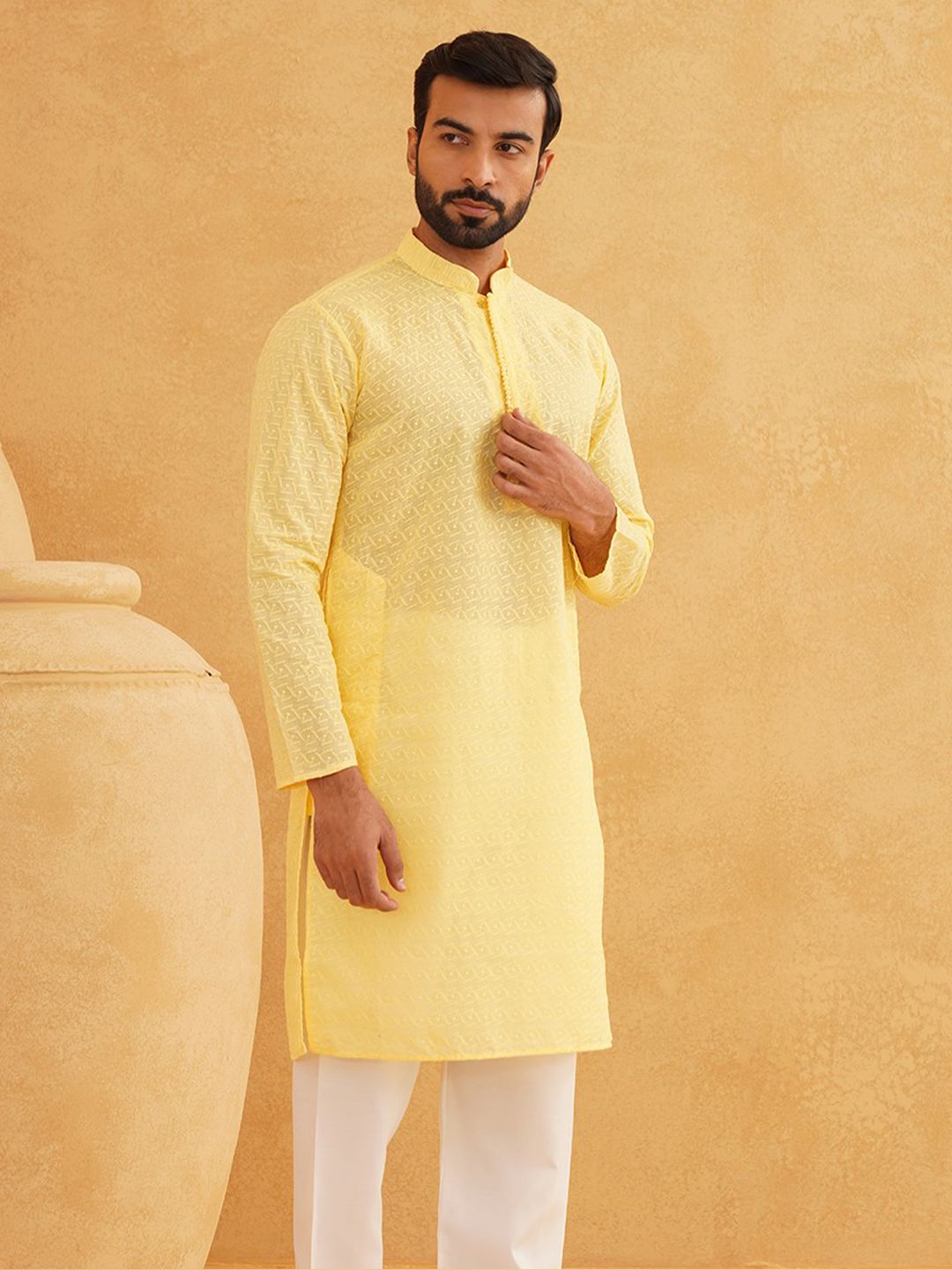 SOJANYA Lelaki Motif Etnik Kapas Tulen Sulam Kurta Chikankari