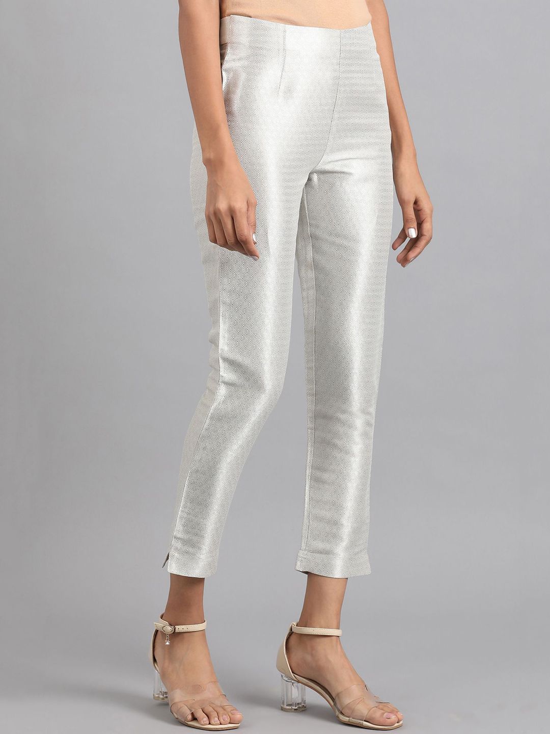 W Women Silver-Toned Striped Slim Fit Trousers