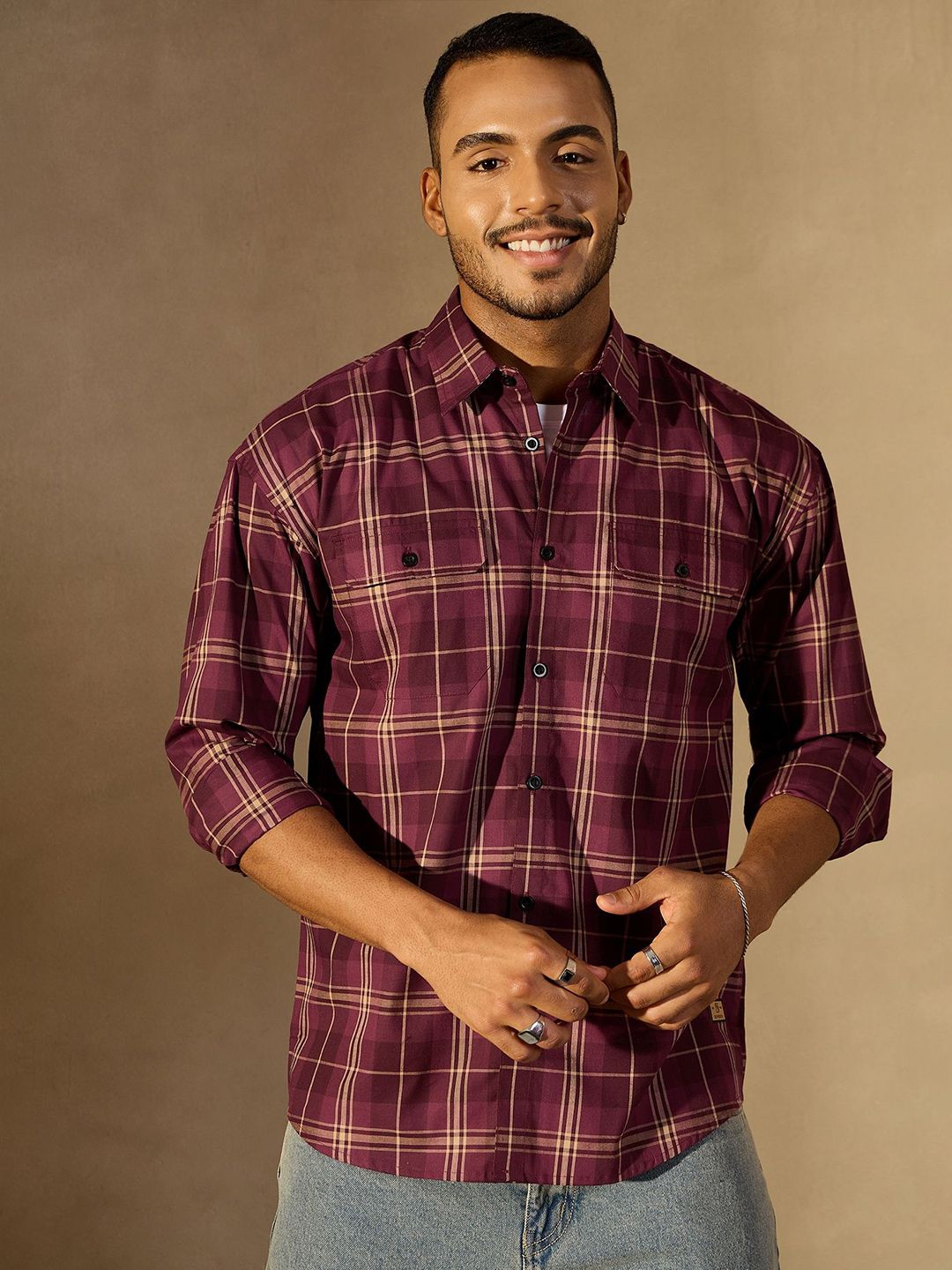 DENNISON Men Tartan Checked Drop Shoulder Oversized Shirt