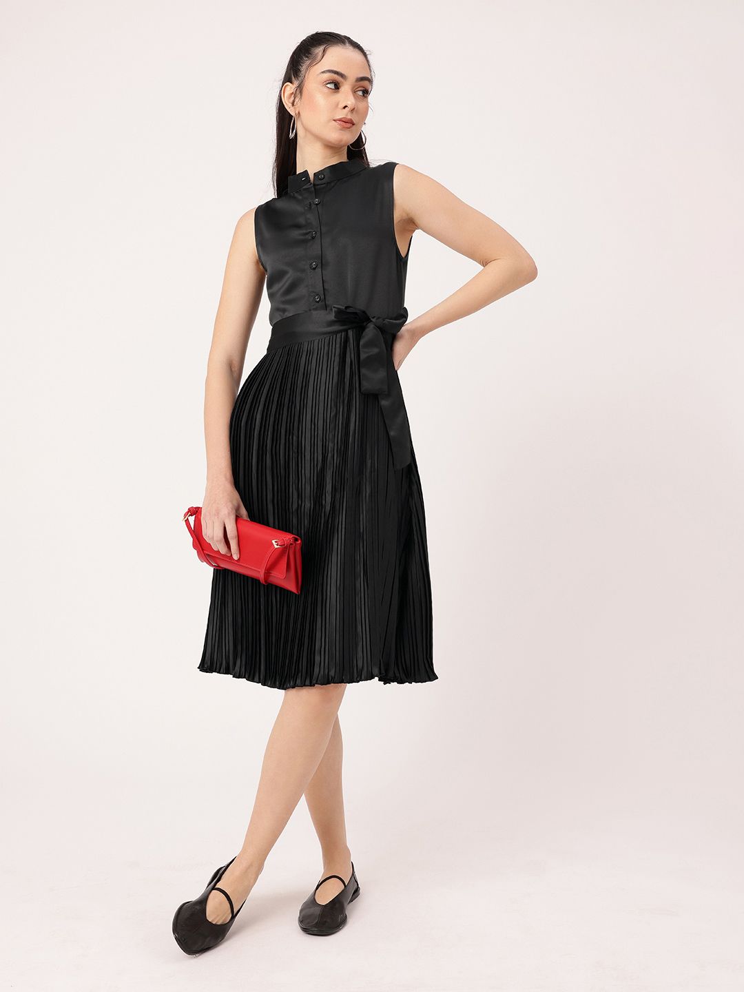 DressBerry Satin Sophistication Accordion Pleated Bow Detailed A-line Dress