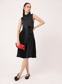 DressBerry Satin Sophistication Accordion Pleated Bow Detailed A-line Dress