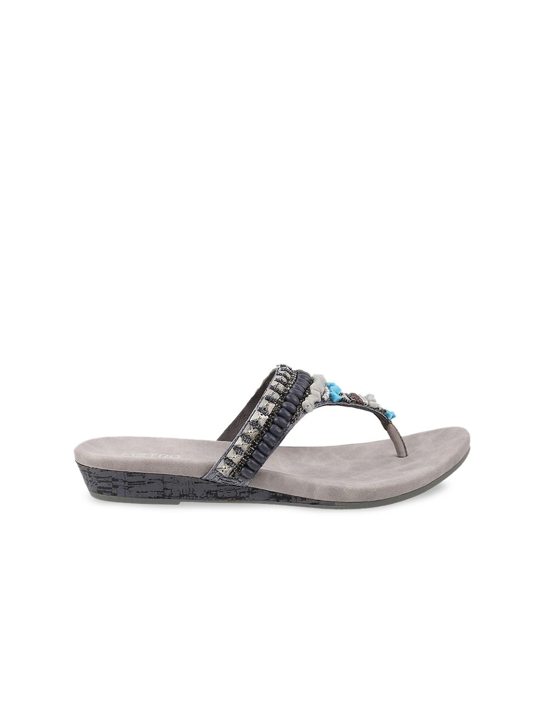 Metro Women Grey Embellished Ethnic Open Toe Flats