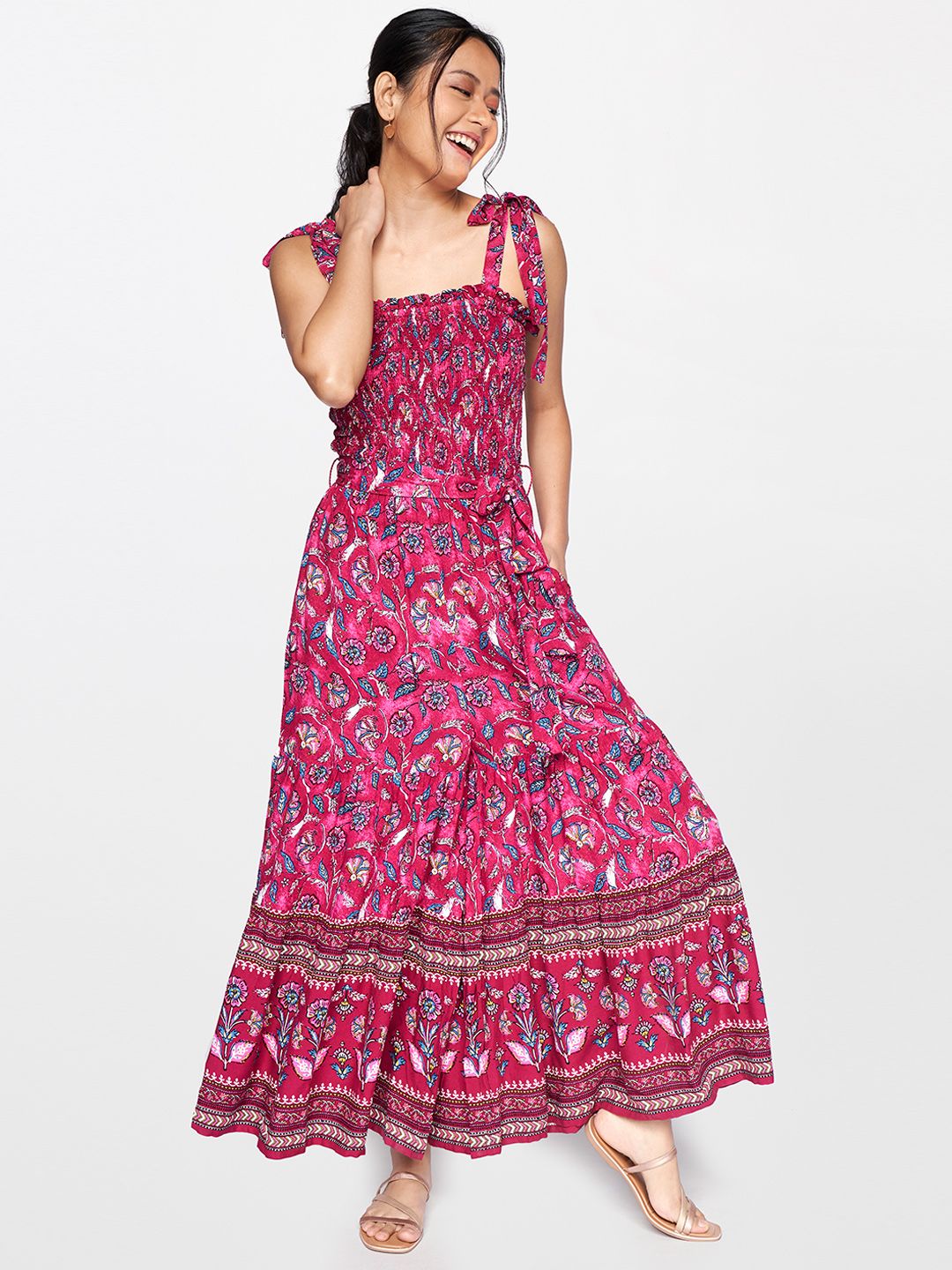 Global Desi Multicoloured Printed Smocked Waist Tie-Ups Basic Jumpsuit