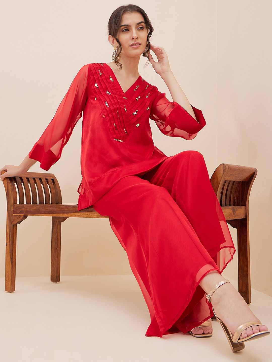 Antheaa Red Embellished Tunic With Palazzos