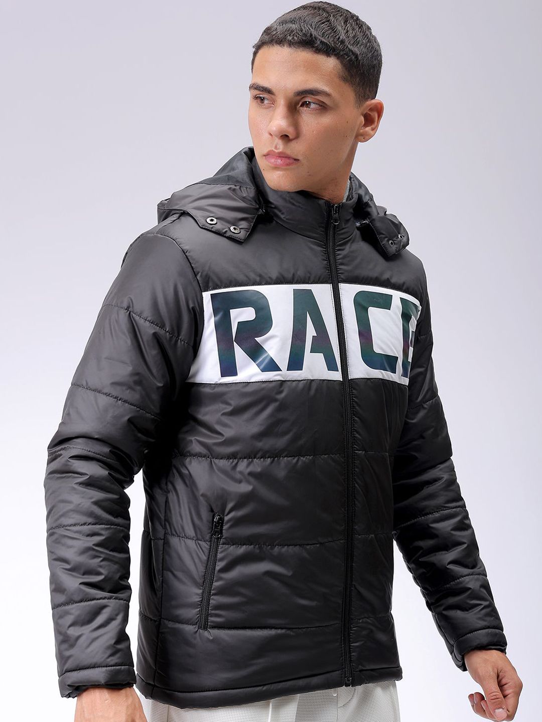 The Indian Garage Co Men Black Reflective Print Detachable Hood Padded Jacket