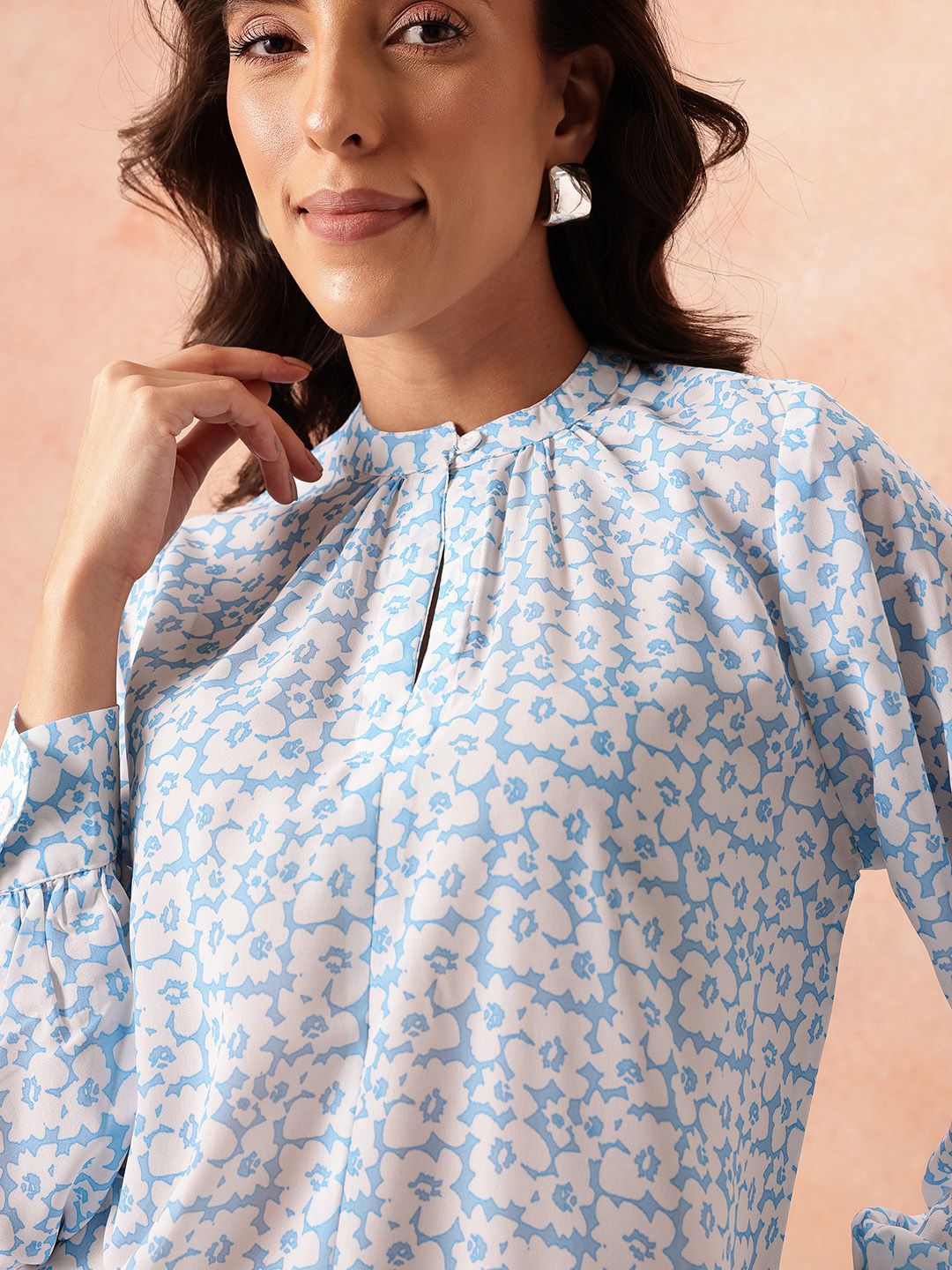 all about you Floral Print Mandarin Collar Puff Sleeve Top