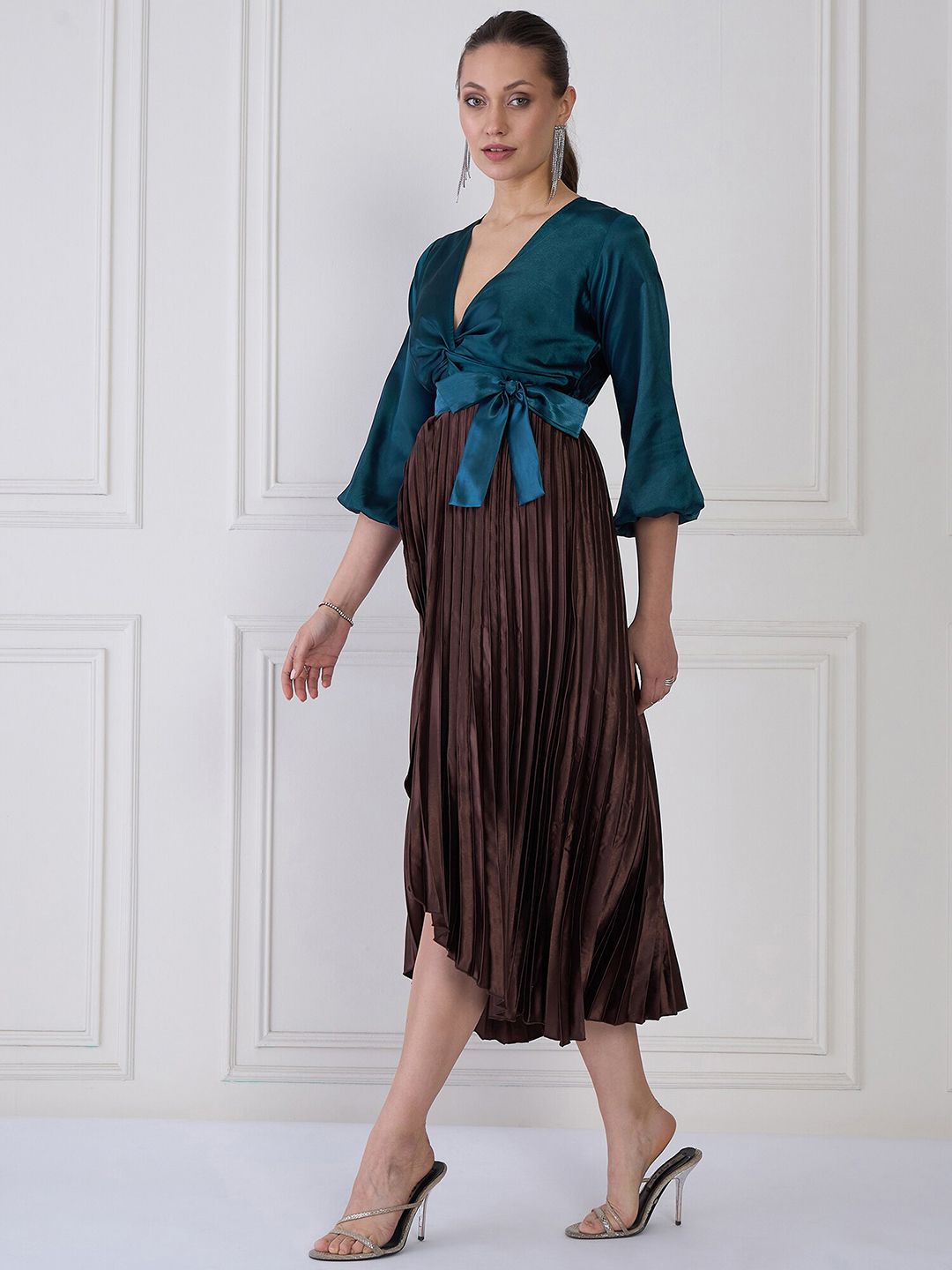 Antheaa Women Striped Satin Midi Dress