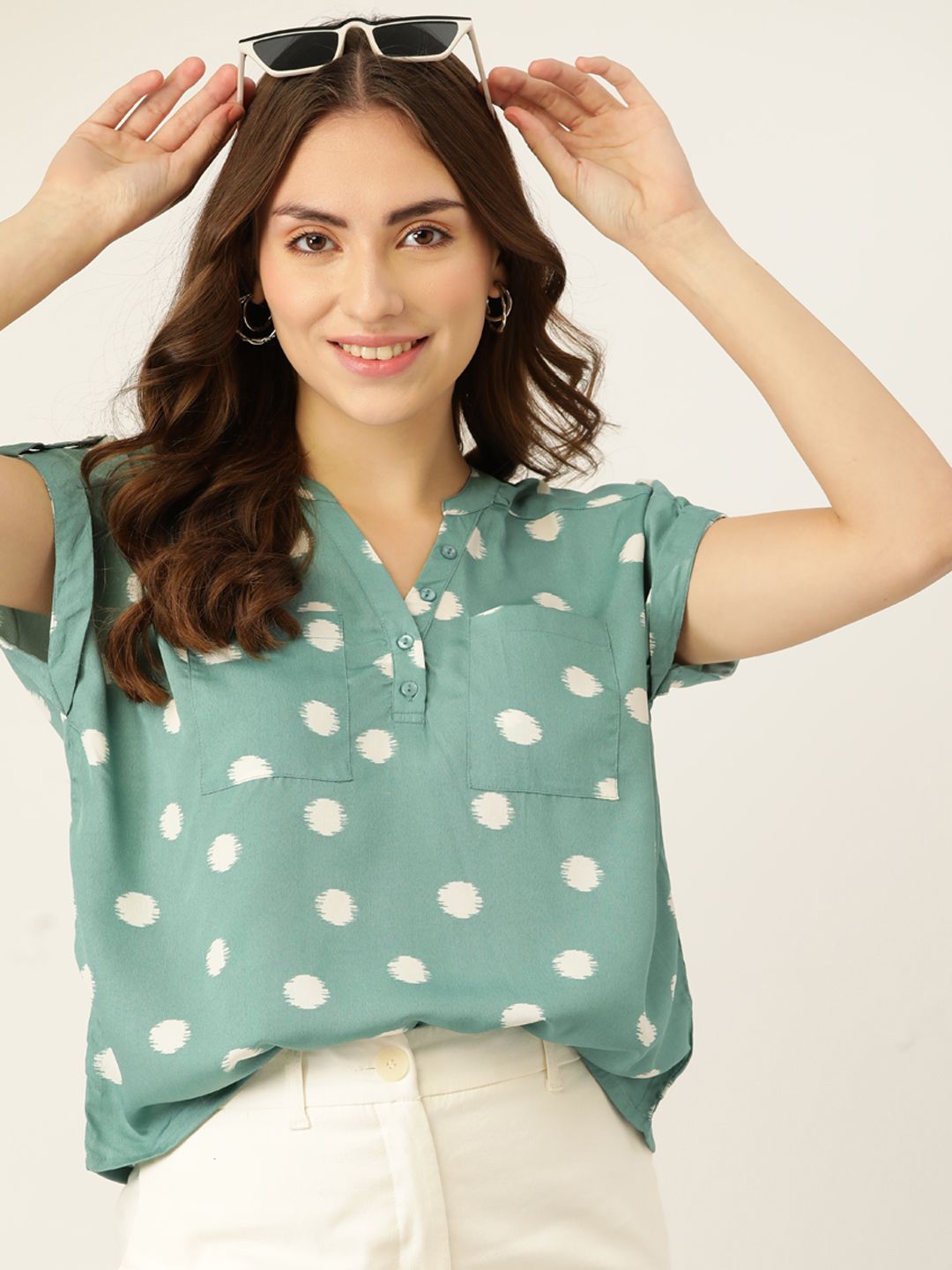 DressBerry Women Green & Off White Printed Boxy Top