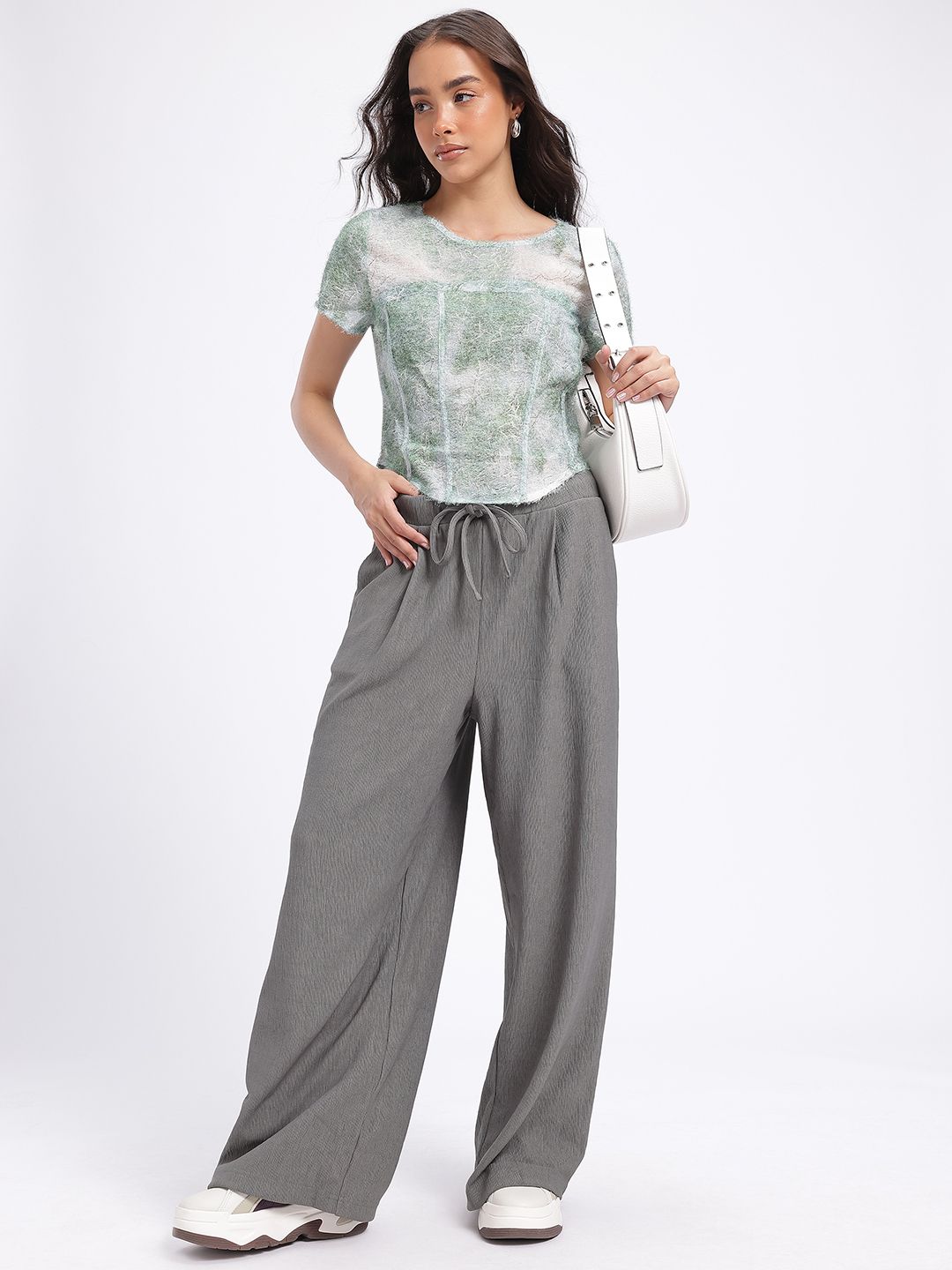 DressBerry Women Crinkling Stripes Mid-Rise Flared Fit Wide Leg Trousers