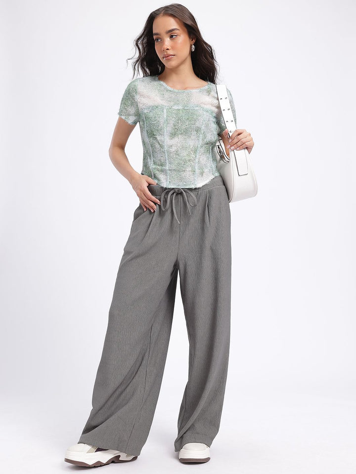 DressBerry Women Crinkling Stripes Mid-Rise Flared Fit Wide Leg Trousers