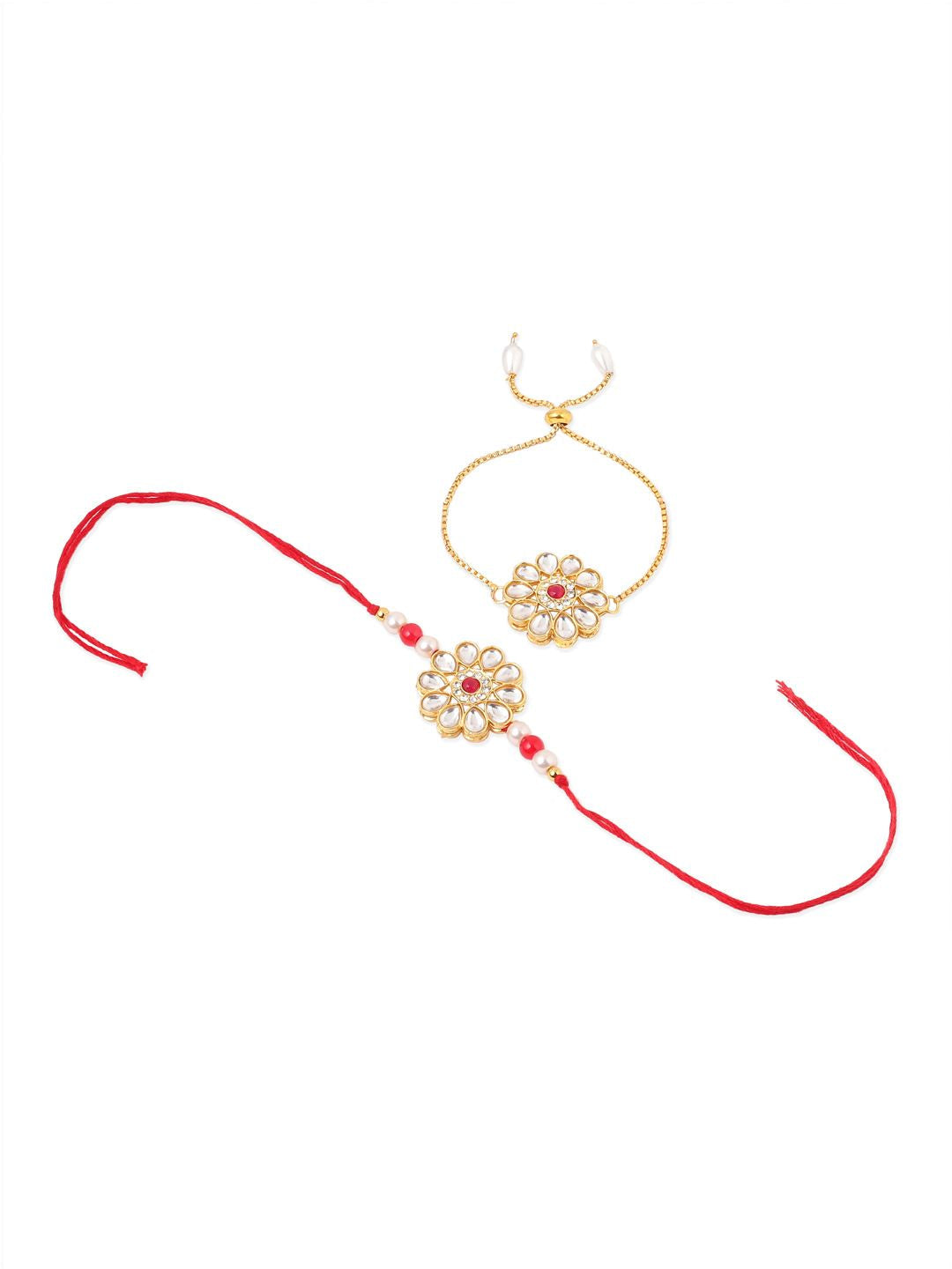 NVR Set of 2 Gold Toned Kundan Studded Bhaiya Bhabhi Rakhi Set with Roli Chawal