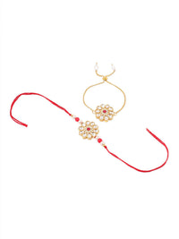 NVR Set of 2 Gold Toned Kundan Studded Bhaiya Bhabhi Rakhi Set with Roli Chawal