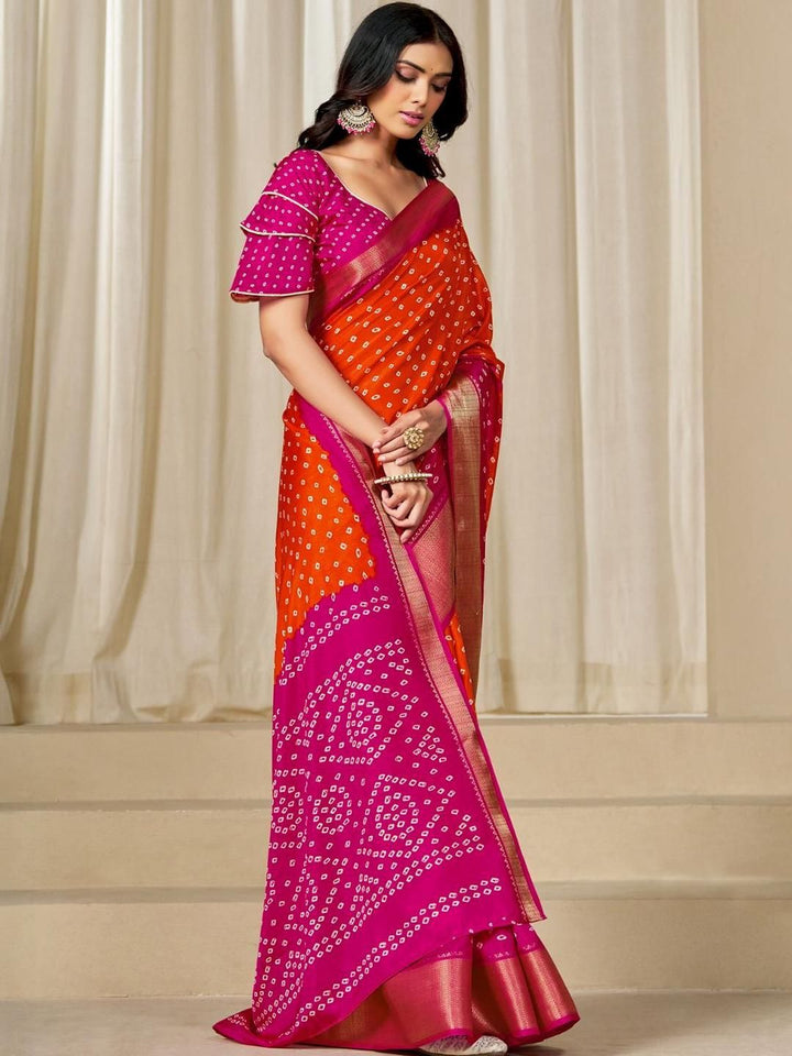 Kalini Women Dola Silk Bandhani Print Zari border Saree