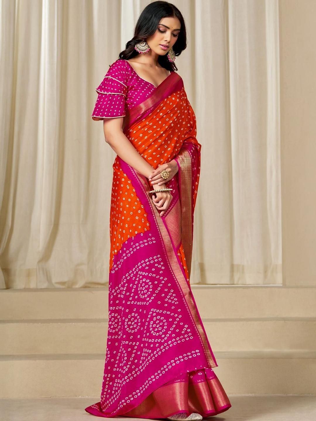 Kalini Women Dola Silk Bandhani Print Zari border Saree