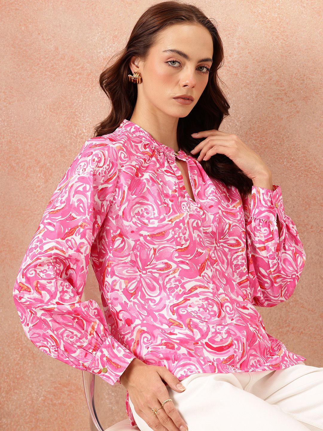 all about you Abstract Print Mandarin Collar Bishop Sleeves Top