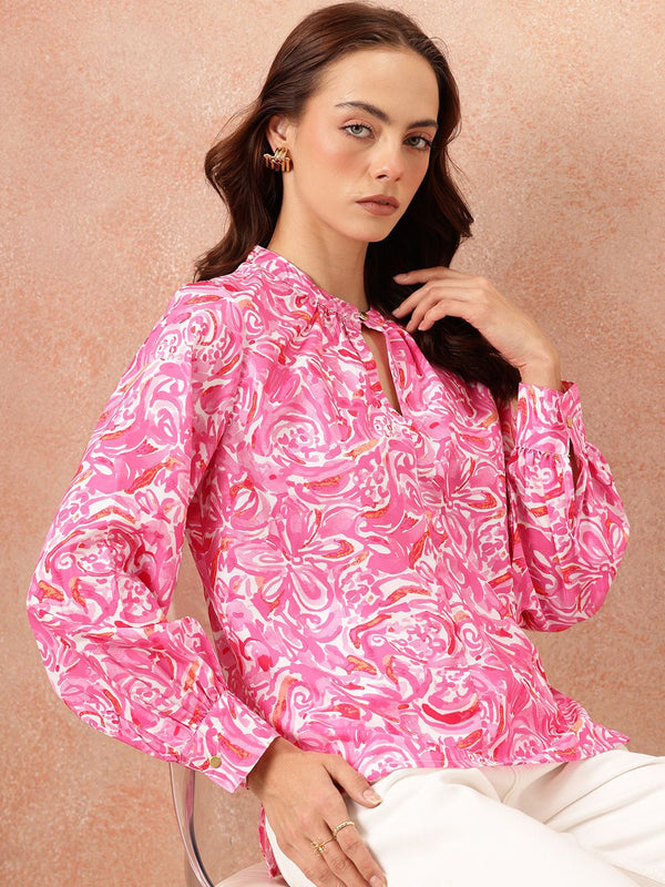 all about you Abstract Print Mandarin Collar Bishop Sleeves Top