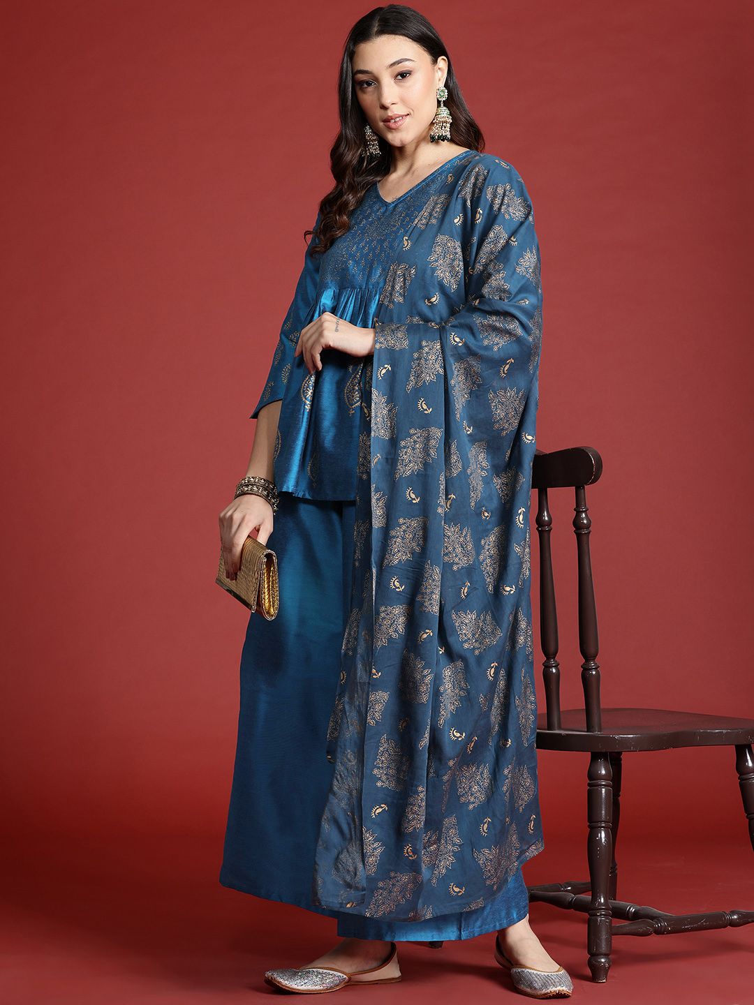 Anouk Tyohar Collection Paisley Print Pleated Kurti with Palazzos & Dupatta