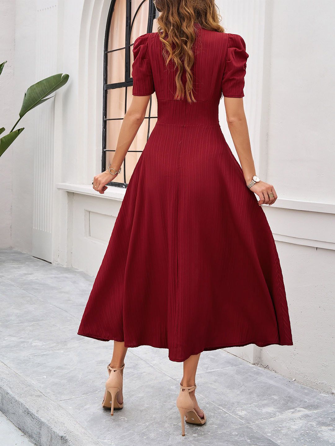 all about you Red V-Neck Puff Sleeve Gathered Fit & Flare Midi Dress
