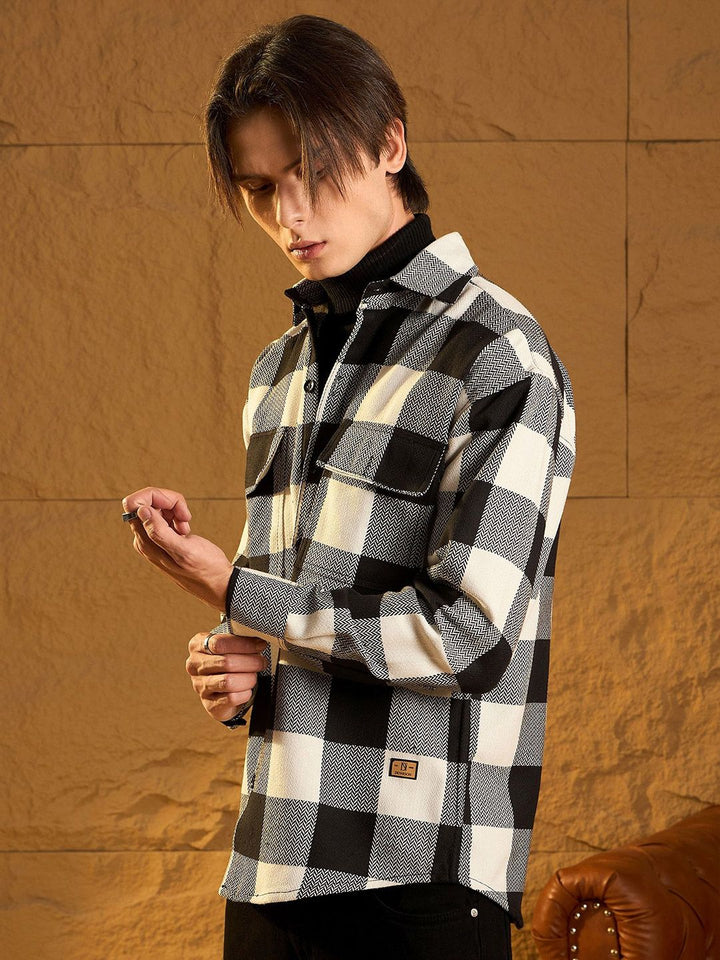 DENNISON Men Double Pocket Drop Shoulder Oversized Cotton Checked Shacket