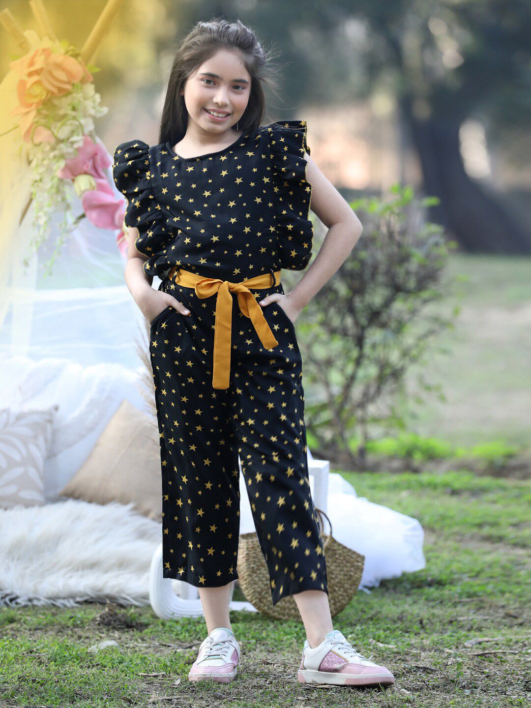 Cutiekins Girls Printed Capri Jumpsuit With Ruffles