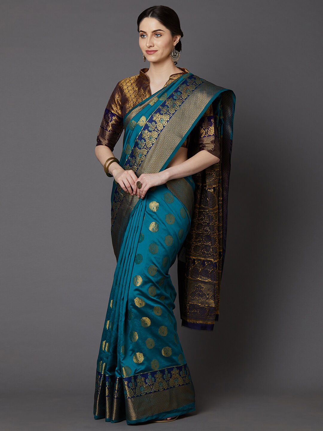 Saree mall Teal Green & Gold-Toned Ethnic Motifs Zari Silk Blend Banarasi Sarees