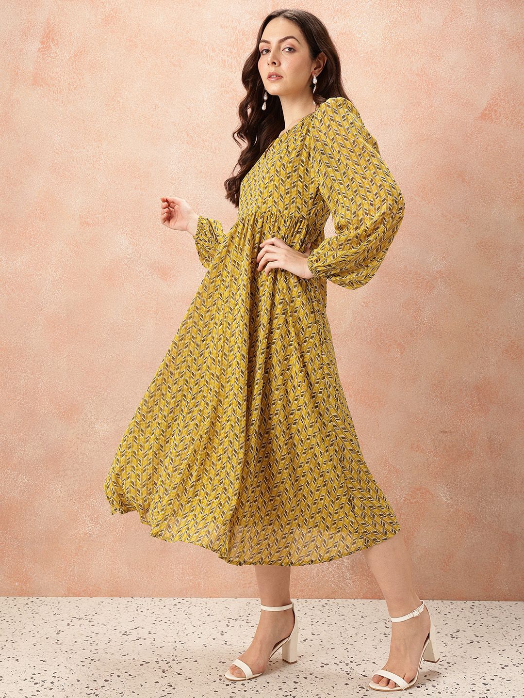 all about you Geometric Print Puff Sleeve Fit & Flare Midi Dress