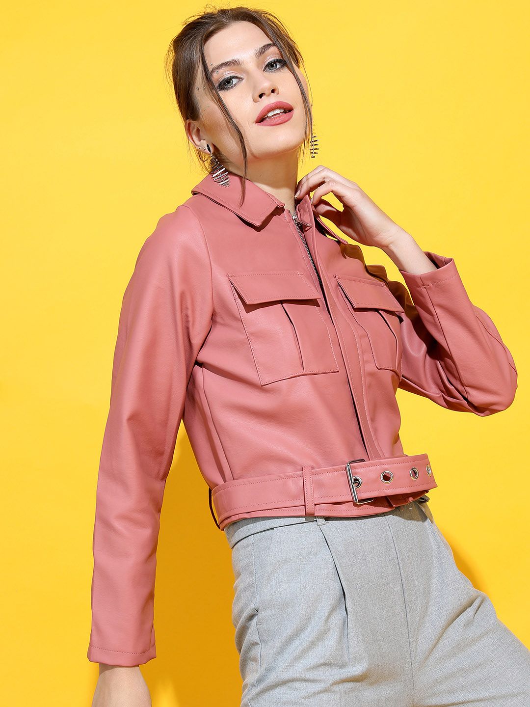 Tokyo Talkies Women Rose Leather Crop Tailored Jacket