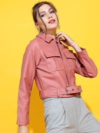 Tokyo Talkies Women Rose Leather Crop Tailored Jacket