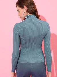 STREET 9 Women Blue Striped Turtle Neck Pullover