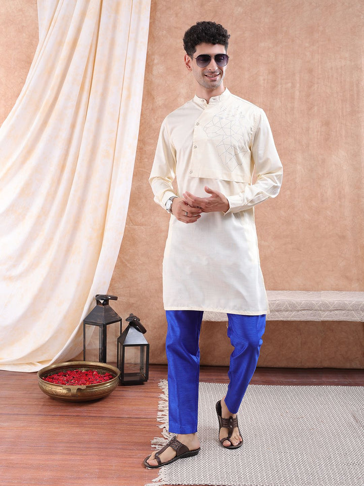 The Indian Garage Co Men Cream-Coloured Printed Detail Layered Kurta