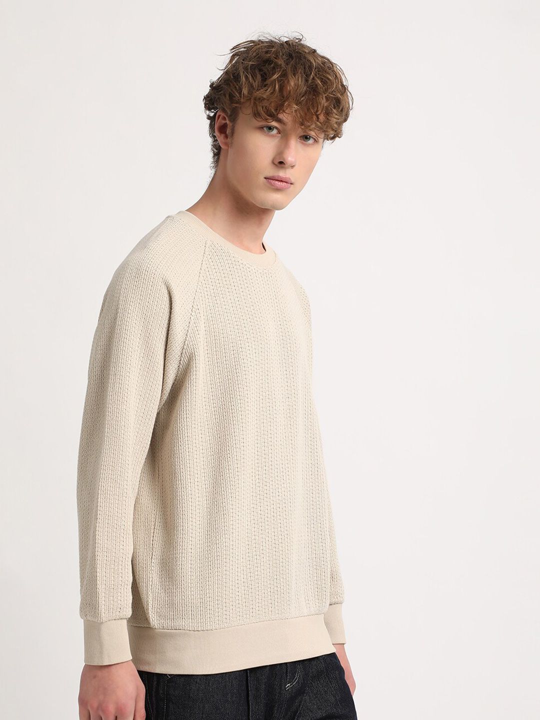 THE BEAR HOUSE Self Design Relaxed Fit Raglan Sleeves Sweatshirt