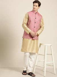 SOJANYA Men Gold Striped Thread Work Straight Kurta Churidar & Nehru Jacket