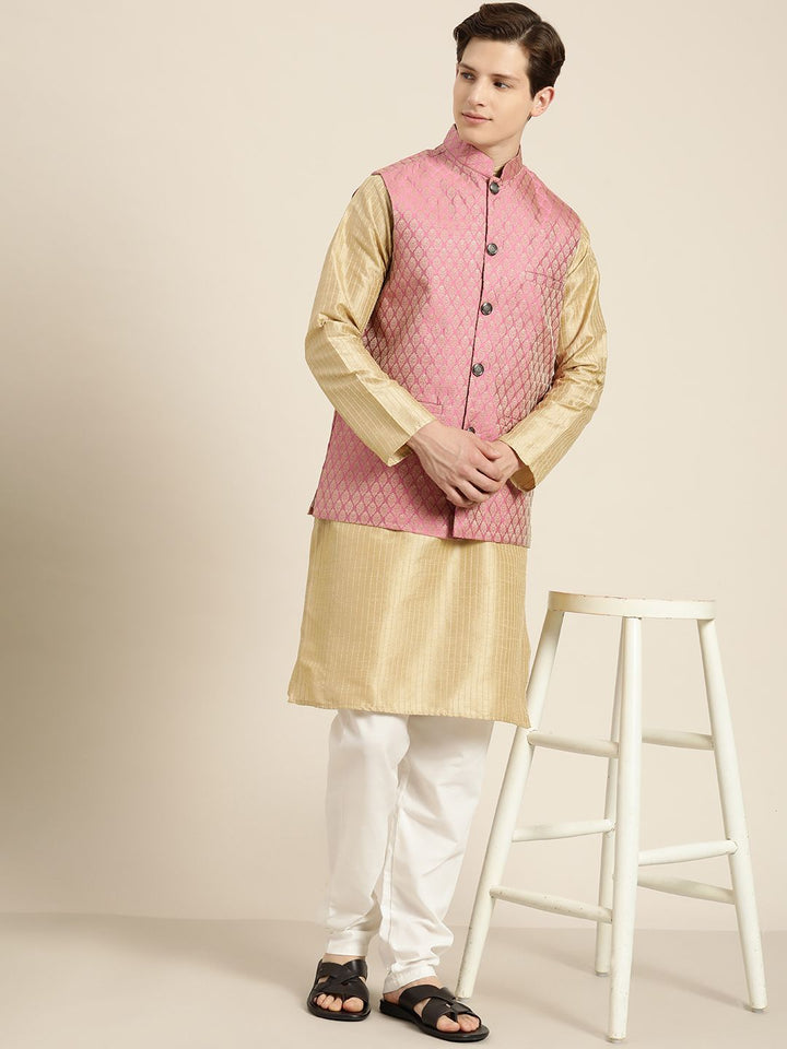 SOJANYA Lelaki Benang Belang Emas Bekerja Lurus Kurta Churidar & Jaket Nehru
