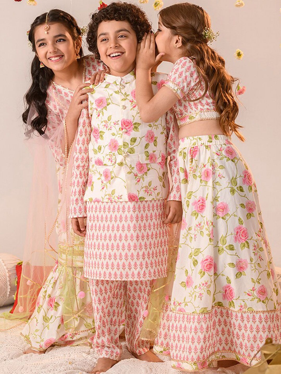 pspeaches Girls Floral Printed Angrakha Gotta Patti Cotton Kurti With Sharara & Dupatta
