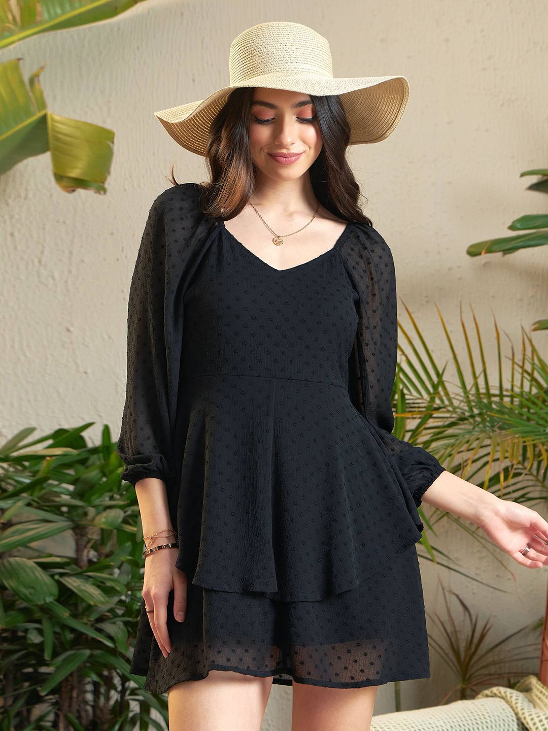 SASSAFRAS Black Self Design Layered Georgette A-Line Dress