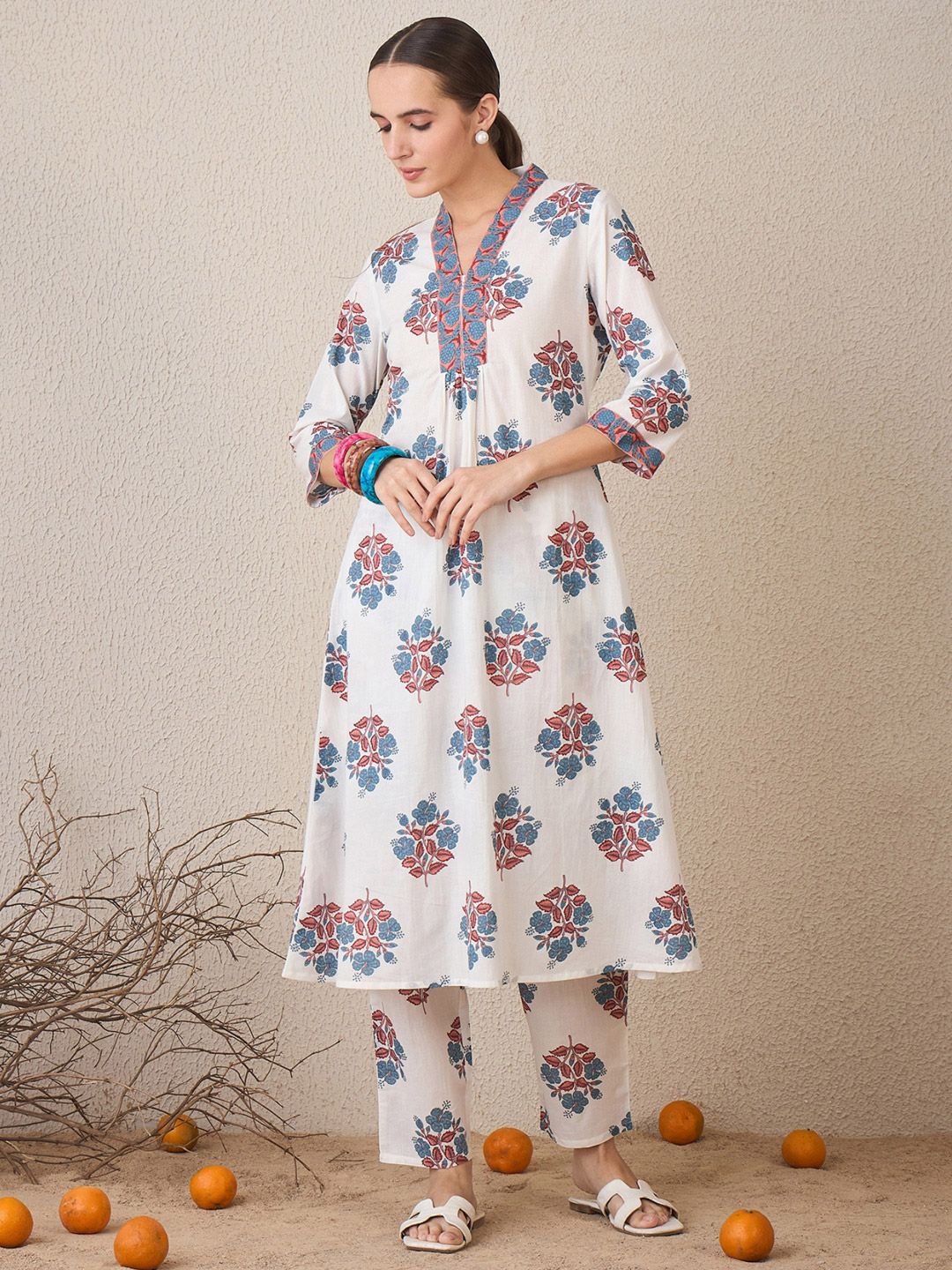 Indo Era Floral Printed V-Neck Cotton A-Line Kurta With Trousers