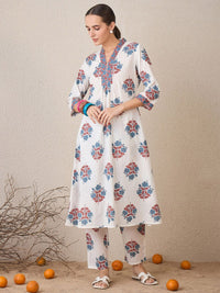 Indo Era Floral Printed V-Neck Cotton A-Line Kurta With Trousers