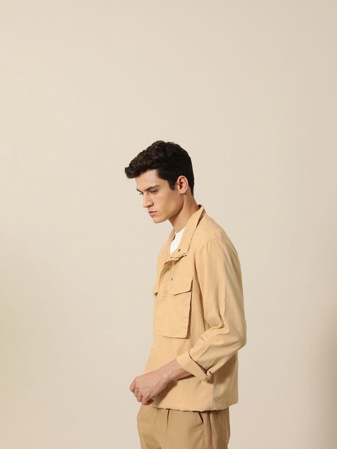 Mr Bowerbird Men Beige Linen Cotton Liberal Fit Casual Shirt