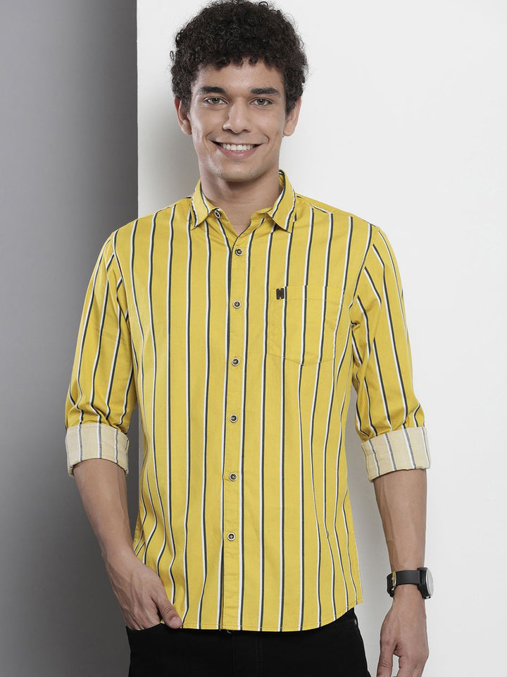 The Indian Garage Co Men Mustard Yellow & Green Striped Cotton Casual Shirt