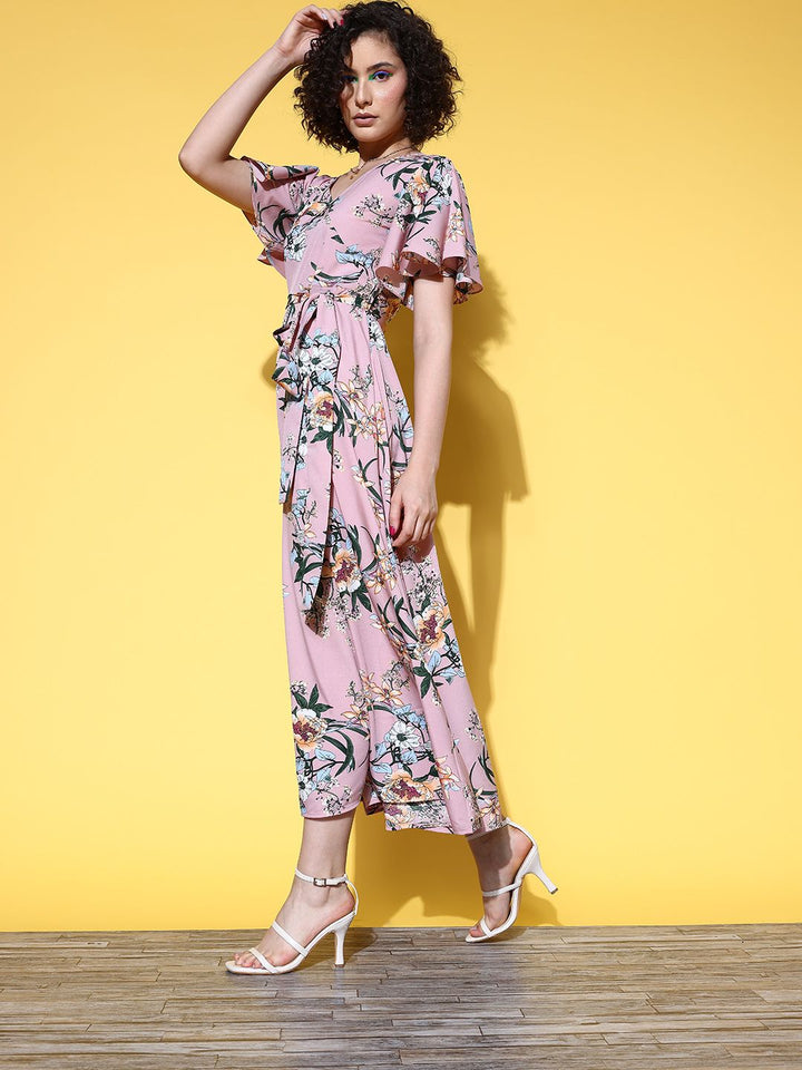 Berrylush Women Pretty Pink Floral Twist & Knot Dress